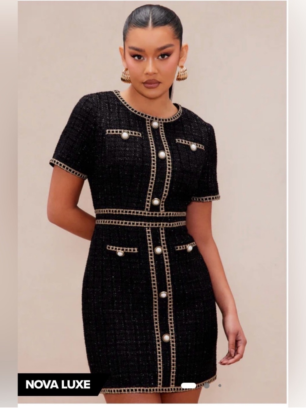 NovaLuxe Fitted Black Tweed Short Sleeve Dress with Real Embroidered Gold Trim